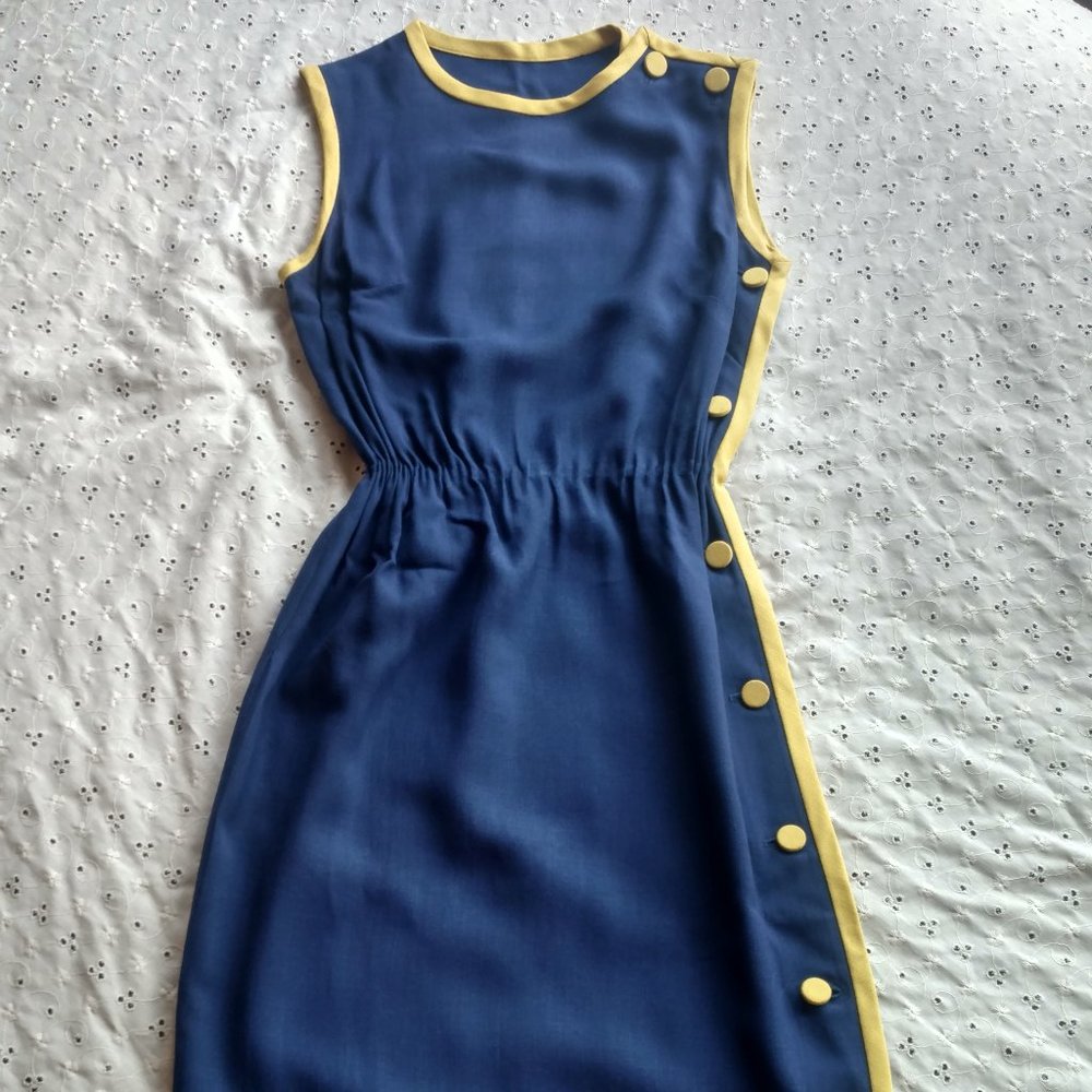 1960s Vintage Dress Blue Wiggle Mod Midcentury Side Buttons Swinging 60s